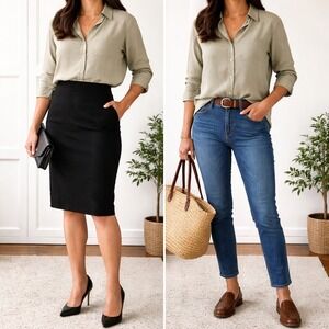 Chicos 100% Linen 3/4 Sleeve Luxe Camp Shirt in Moss Beige Size 2.5/LG/14 Summer